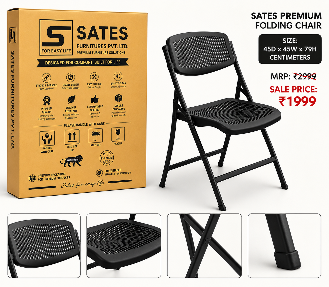 SATES Black Folding Chair | Ergonomic & Lightweight Metal Frame Chair